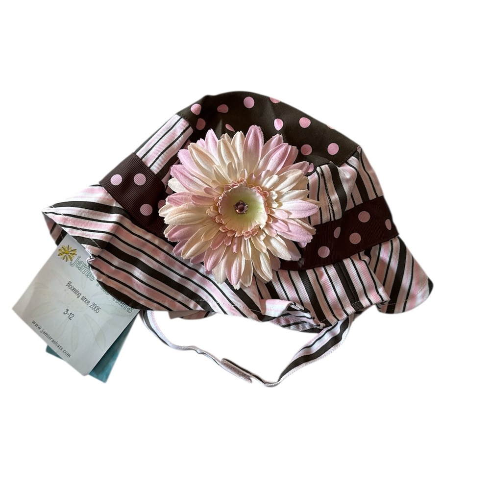 Jamie Rae Hats NWT‎ Baby Girl UV Sun Hat Brown Pink Polka Dot Flower 3-12M
